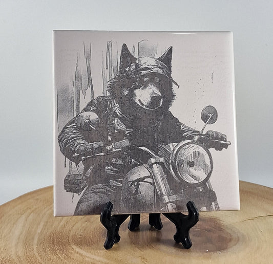 Biker Dog -American Akita Laser engraved coaster/tile