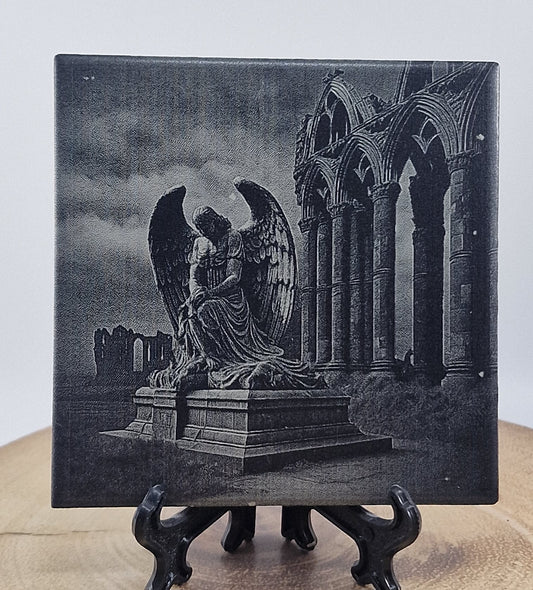 Stone angel in front of ruins Laser engraved coaster/tile