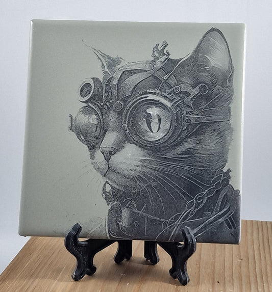 Steampunk Cat Laser engraved coaster/tile