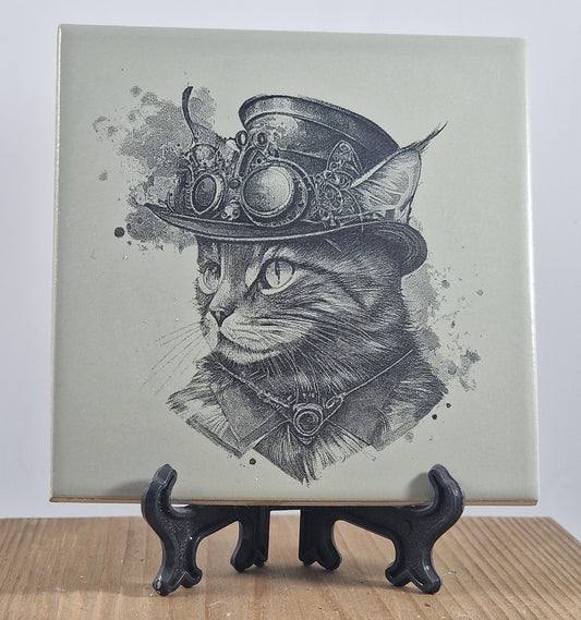 Steampunk Cat Laser engraved coaster/tile