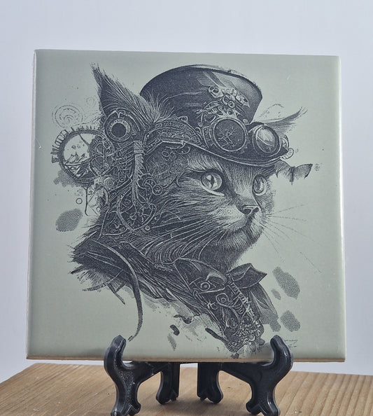 Steampunk Cat Laser engraved coaster/tile