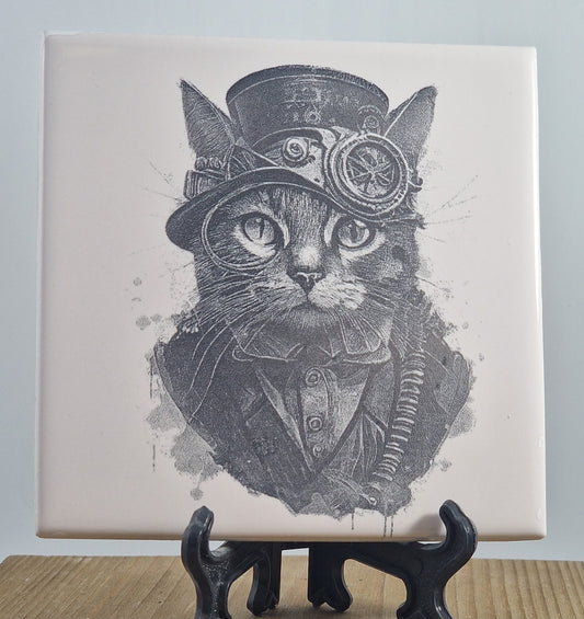 Steampunk Cat Laser engraved coaster/tile