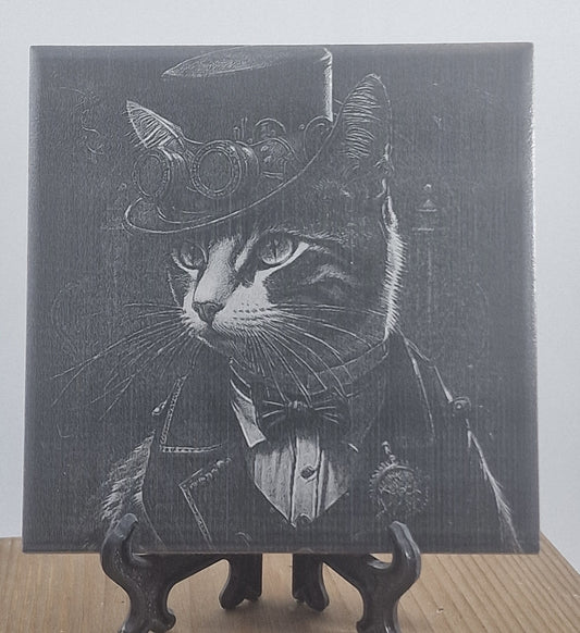 Steampunk Cat Laser engraved coaster/tile