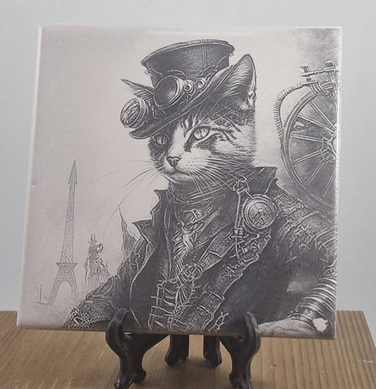 Steampunk Cat Laser engraved coaster/tile