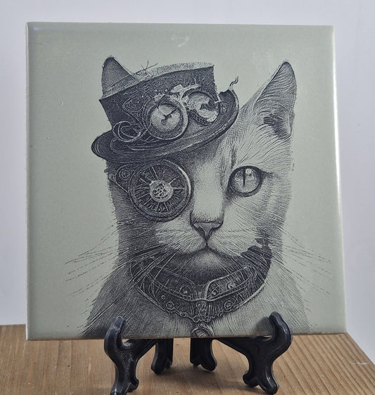 Steampunk Cat Laser engraved coaster/tile