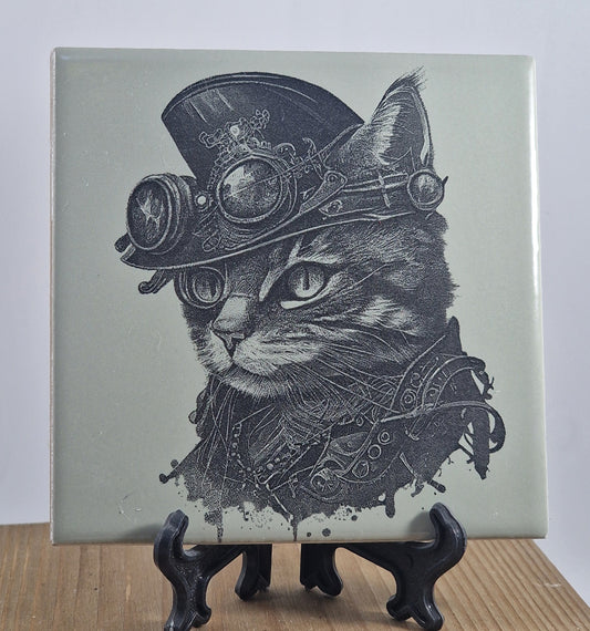 Steampunk Cat Laser engraved coaster/tile