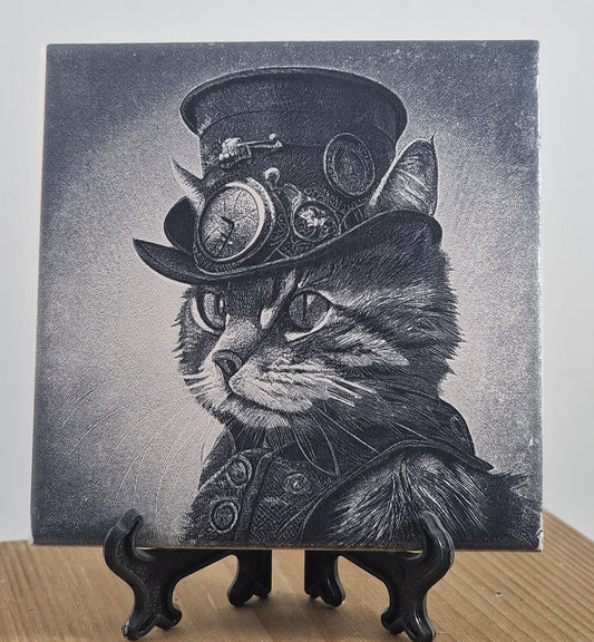 Steampunk Cat Laser engraved coaster/tile