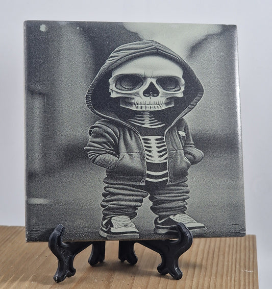 Skeleton in Hoodie Laser engraved coaster/tile