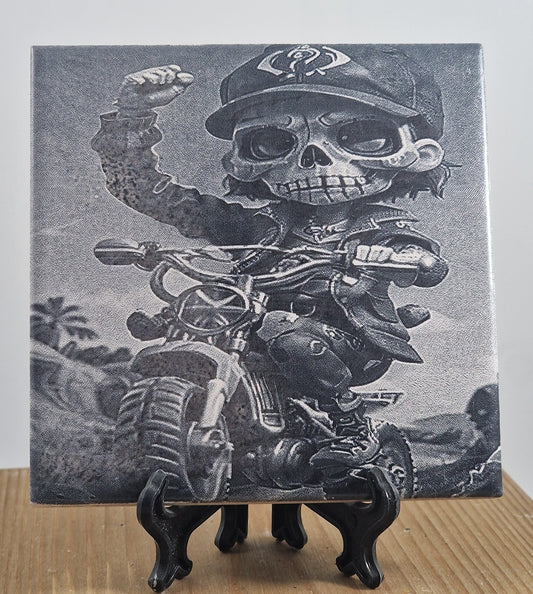 Skeleton Bike Rider Cartoon Style Laser engraved coaster/tile