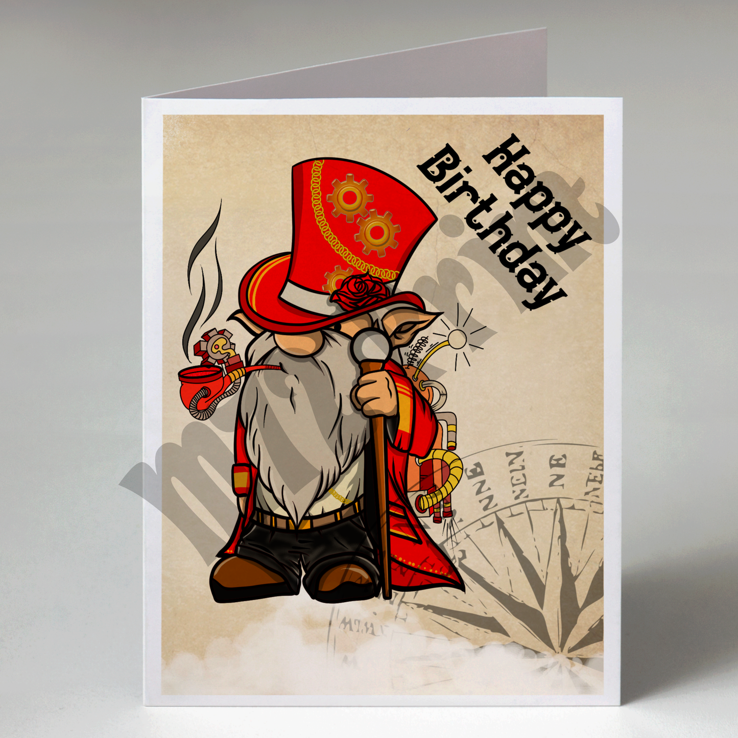 Steampunk Birthday Card - Steampunk Gonk (Red Outfit)