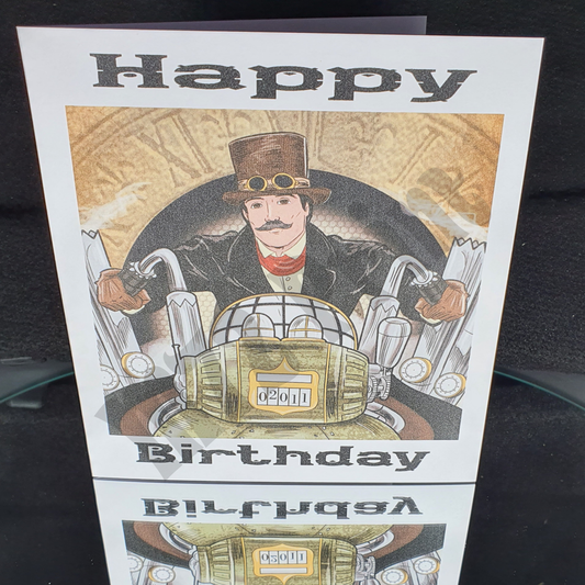 Steampunk Birthday Card - Gent on bike